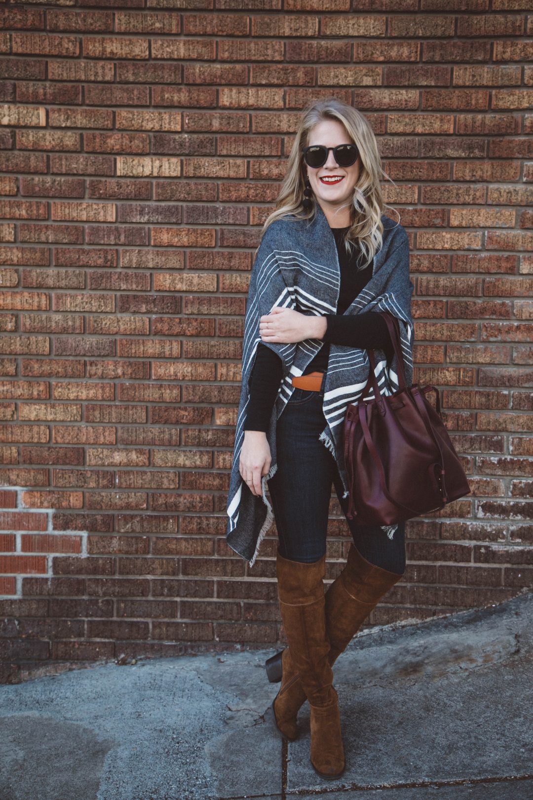 J. Crew Wrap with Steve Madden over the knee boots and a Madewell bucket bag.